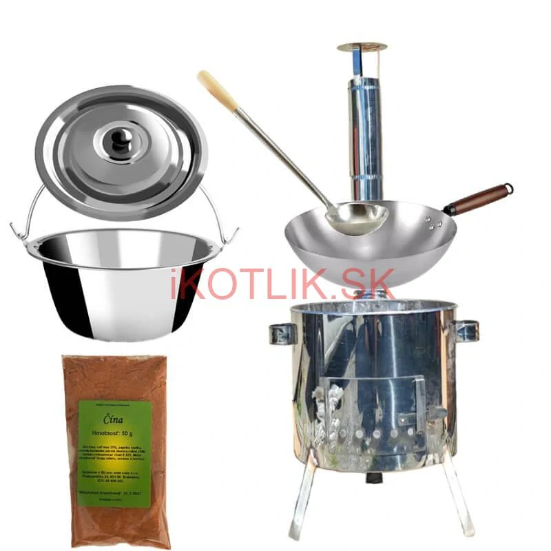 Nerezový kotlík 10 L (0,8 mm) + nerezová kotlina 31 INOX LUSTRO + Wok + korenie 50 g