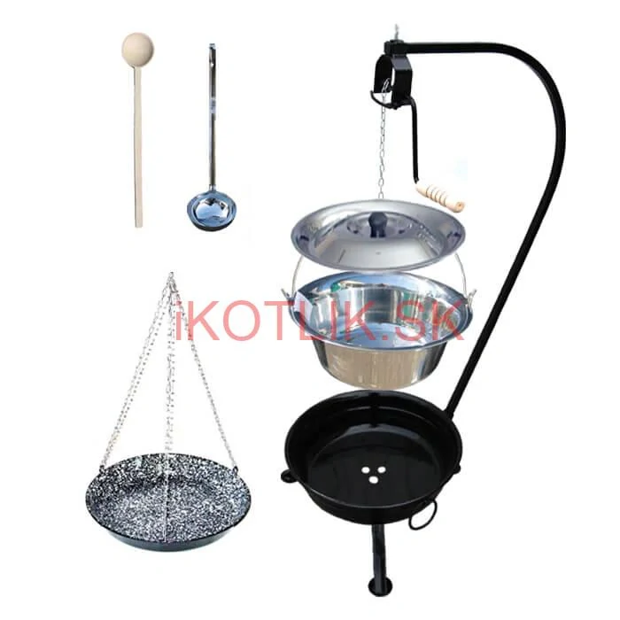 Nerezový kotlík 10 L (1,2 mm) INOX + smaltovaná panvica + ohnisko so stojanom a s poistnou kladkou VAR