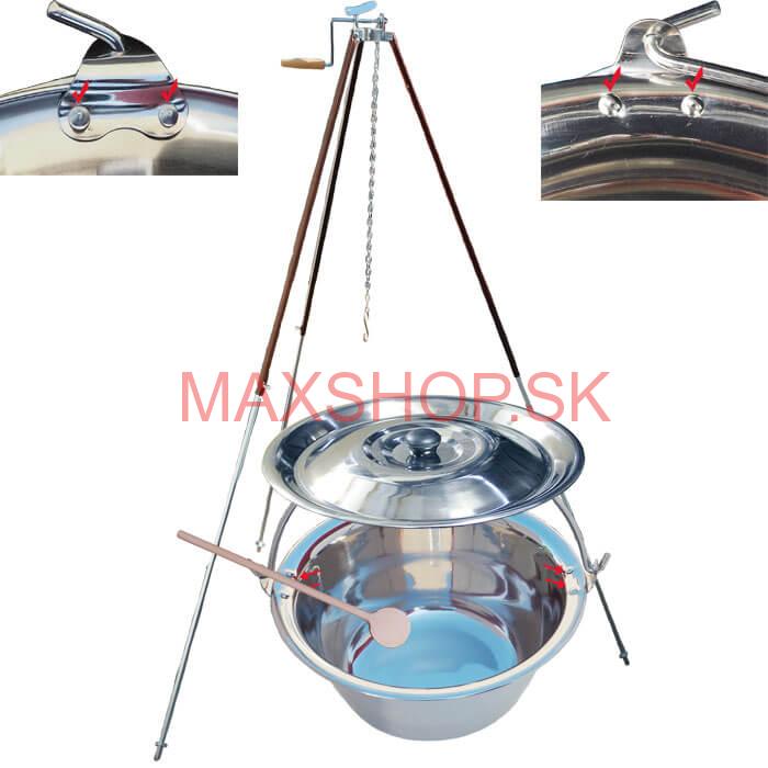 Antikorový kotlík 30 L (0,8 mm) s nitmi + teleskopická trojnožka s poistnou kladkou + pokrievka