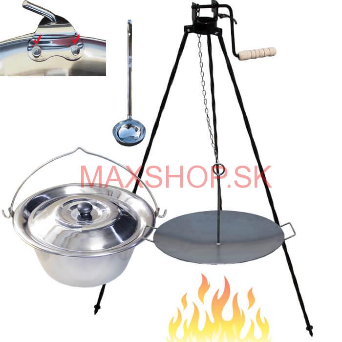 Antikorový kotlík 15 L (0,8 mm) s nitmi + panvica na grilovanie a stojan s kladkou VAR