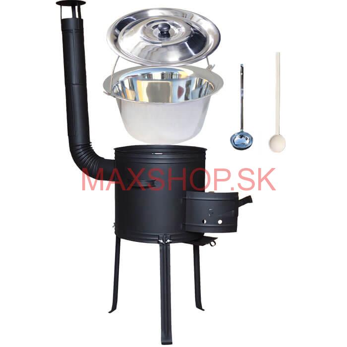 Antikorový kotlík 14 L (0,8 mm) + kovová kotlina s vysokými nožičkami 36 cm + vareška a naberačka