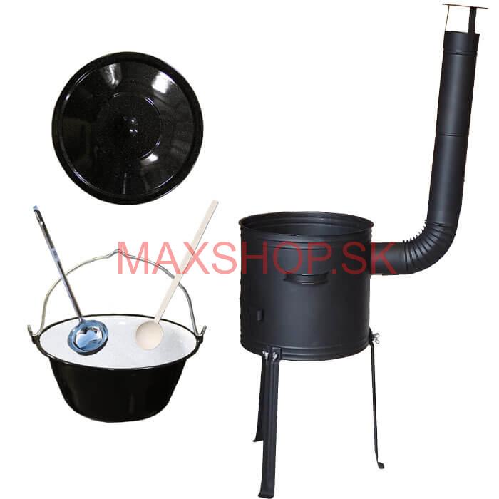 Smaltovaný kotlík 13 L (1,2 mm) + kotlina s vysokými nožičkami 36 cm, žiaruvzdorná farba Plus 700 + vareška a naberačka