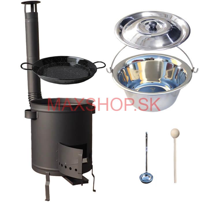 Nerezový kotlík 14 L (0,8 mm) + Paella panvica 38 cm + hrubostenná (1,5 mm) žiaruvzdorná kotlina (1,5 mm) 36 PLUS 600