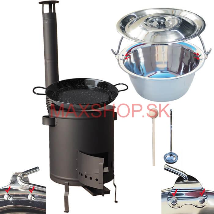 Nerezový kotlík 15 L (0,8 mm) zosilnený s nitmi + Paella panvica 38 cm + hrubostenná (1,5 mm) žiaruvzdorná kotlina 36 PLUS 600