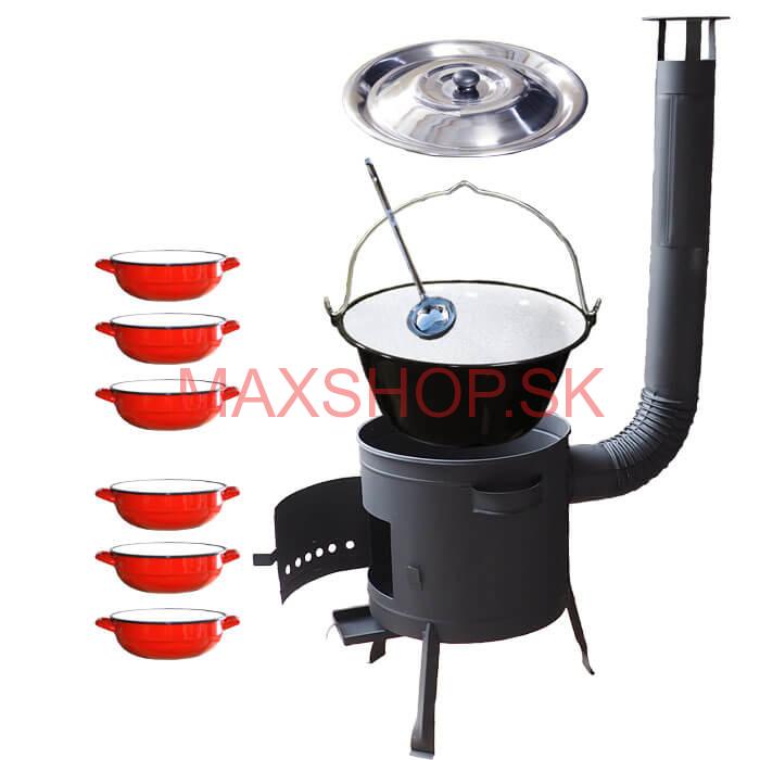 Smaltovaný kotlík 20 L + selské misky 6 ks + nízka žiaruvzdorná kotlina 42 cm PLUS 600