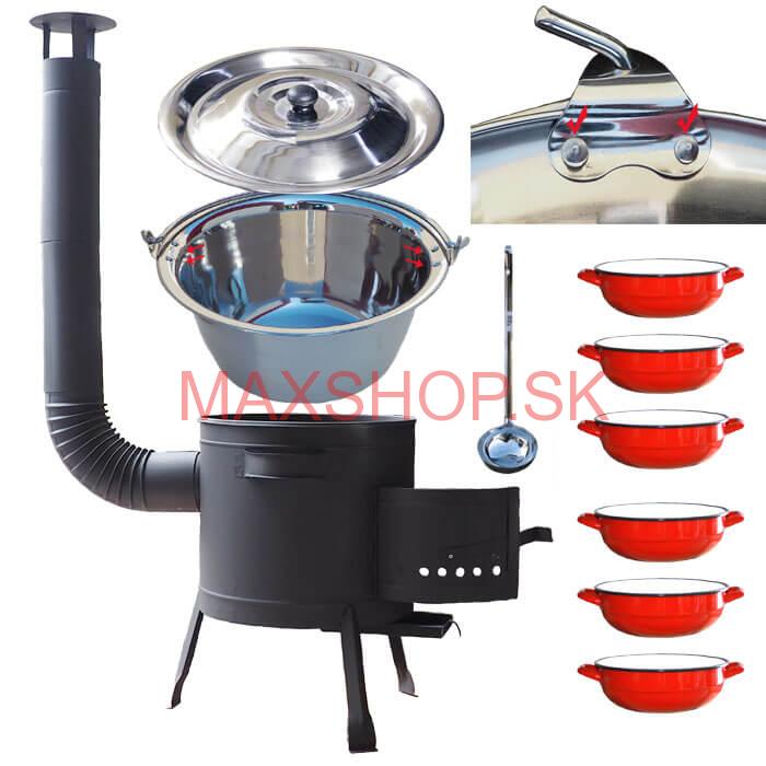 Nerezový kotlík 15 L (0,8 mm) s nitmi INOX + selské misky 6 ks + nízka žiaruvzdorná kotlina 36 cm PLUS 600