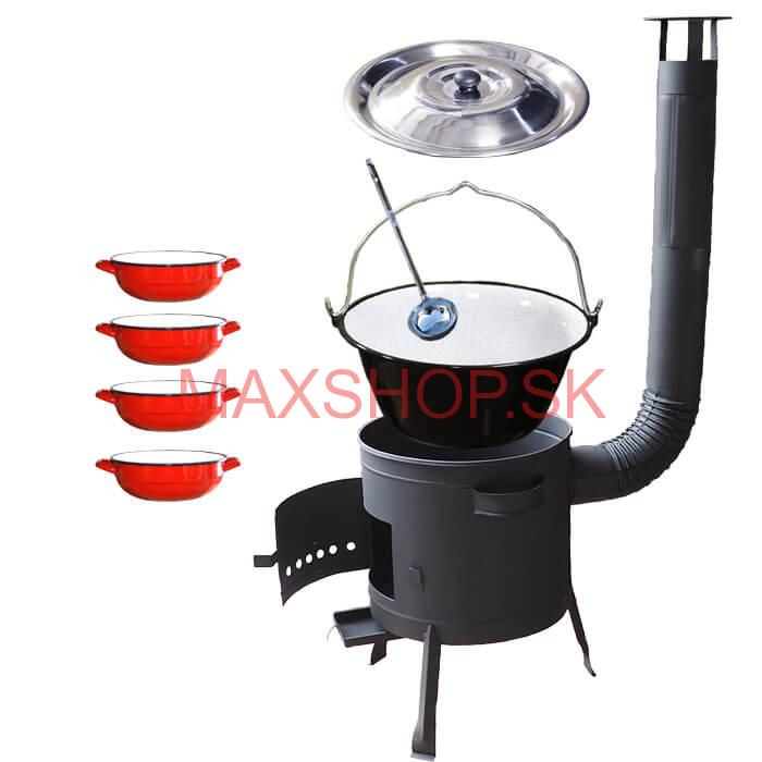 Smaltovaný kotlík 16 L + selské misky 4 ks + nízka žiaruvzdorná kotlina 39 cm PLUS 600