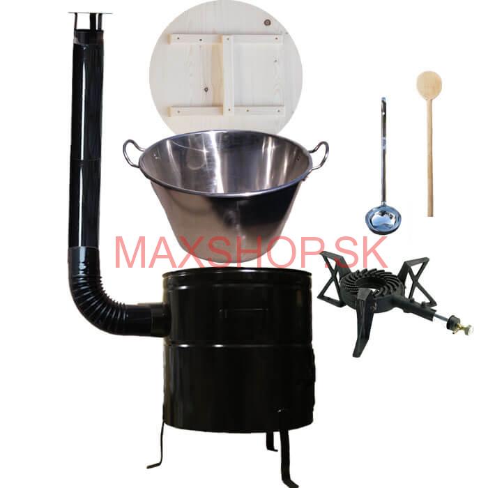 Zabíjačkový nerezový kotol 100 L, kovová kotlina 60 cm, drevená pokrievka, horák 7 kW + dymovod