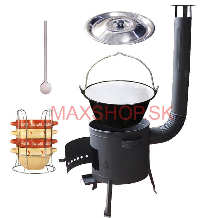 Smaltovaný kotlík 25 L (1,2 mm) + misky na guláš 4 ks + nízka žiaruvzdorná kotlina 42 PLUS 600