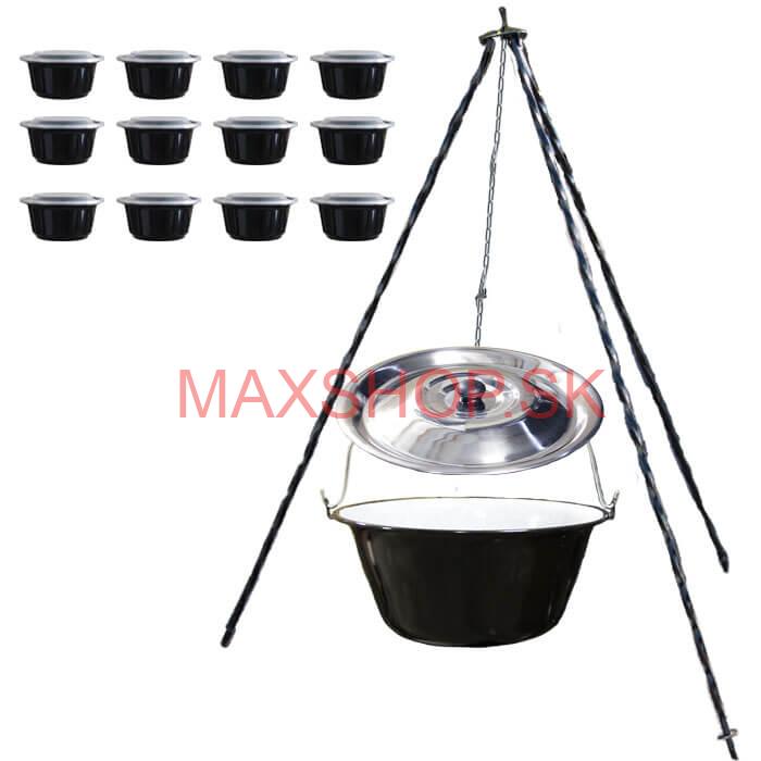 Smaltovaný kotlík 16 L + pokrievka + stojan + misky 12 ks