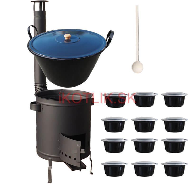 Smaltovaný kotol 70 L + hrubostenná kotlina 53 cm (1,5 mm) STRONG PLUS 600 + misky 12 ks