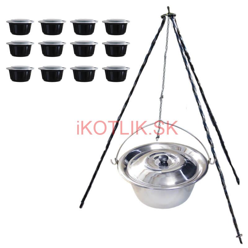 Nerezový kotlík 14 L (0,8 mm) + antikorová pokrievka + stojan + misky 12 ks