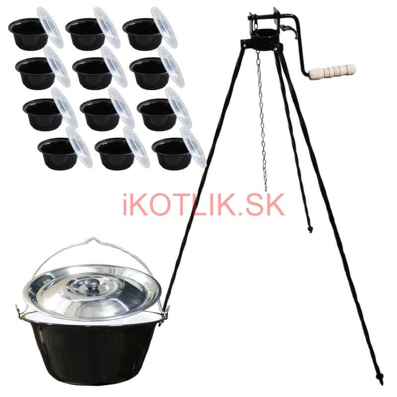 Smaltovaný kotlík 25 L + stojan s kladkou VAR + misky 12 ks