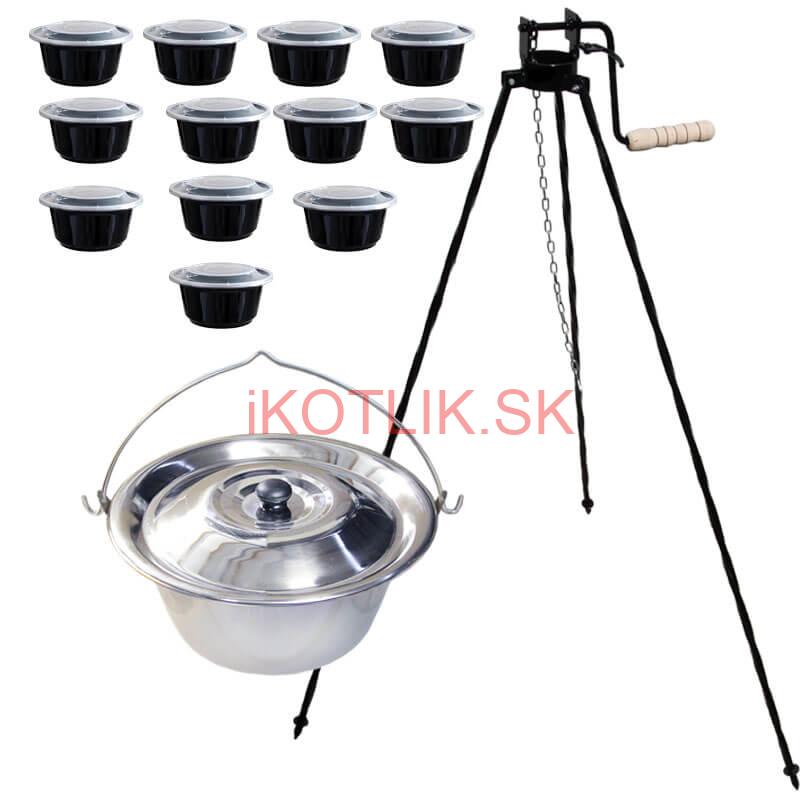 Nerezový kotlík 14 L (0,8 mm) INOX+ stojan s kladkou VAR + misky 12 ks