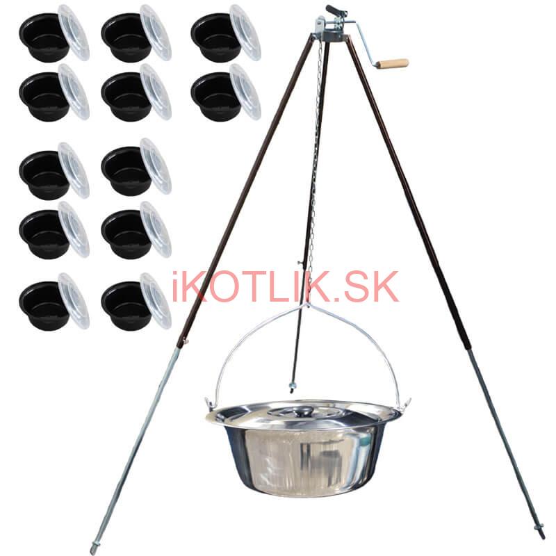 Antikorový kotlík 20 L (1,2 mm) + teleskopická trojnožka s poistnou kladkou + misky 12 ks