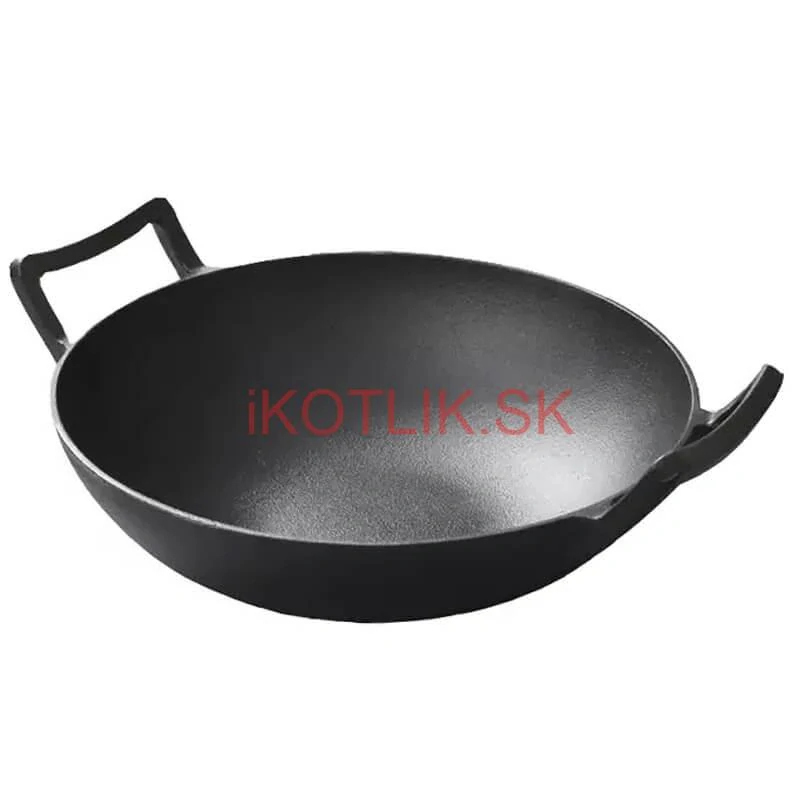 Liatinový čínsky wok 36,5 cm s drevenou pokrievkou