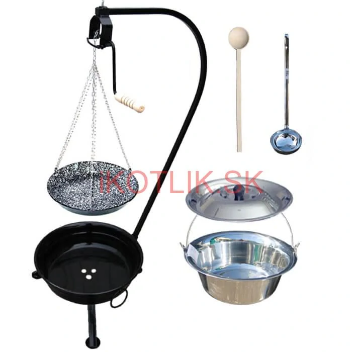 Nerezový kotlík 14 L (0,8 mm) INOX + smaltovaná panvica + ohnisko so stojanom a s poistnou kladkou VAR