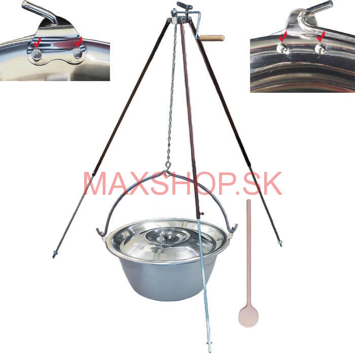 Antikorový kotlík 30 L (0,8 mm) s nitmi + teleskopická trojnožka s poistnou kladkou + pokrievka