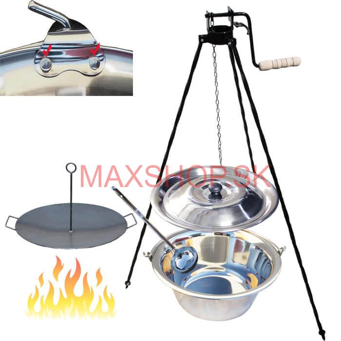 Antikorový kotlík 20 L (0,8 mm) s nitmi + panvica na grilovanie a stojan s kladkou VAR