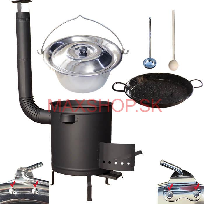 Nerezový kotlík 15 L (0,8 mm) zosilnený s nitmi + Paella panvica 38 cm + hrubostenná (1,5 mm) žiaruvzdorná kotlina 36 PLUS 600