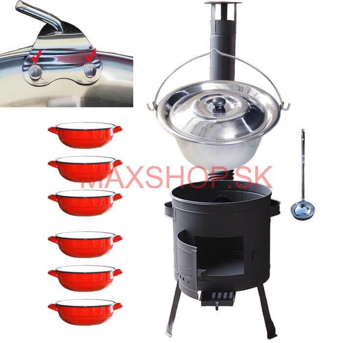 Nerezový kotlík 15 L (0,8 mm) s nitmi INOX + selské misky 6 ks + nízka žiaruvzdorná kotlina 36 cm PLUS 600