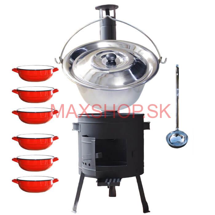 Nerezový kotlík 20 L (1,2 mm) INOX + selské misky 6 ks + nízka žiaruvzdorná kotlina 42 cm PLUS 600