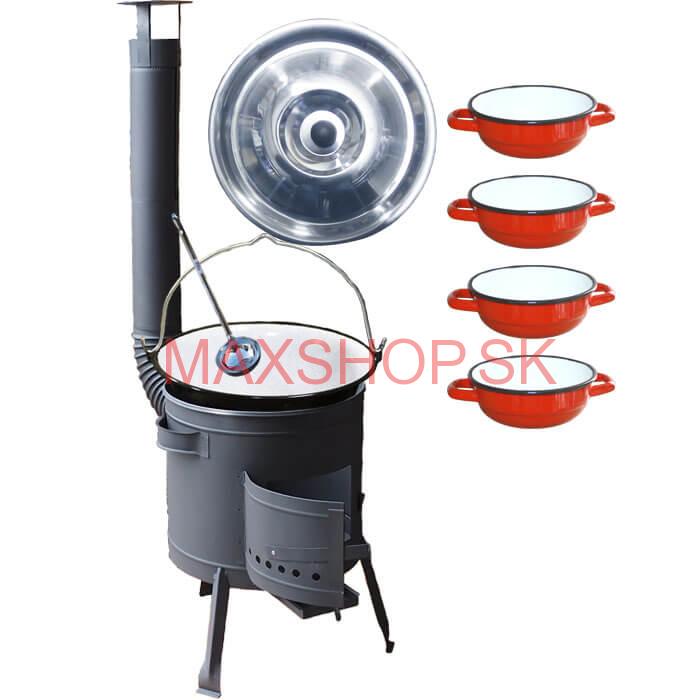 Smaltovaný kotlík 20 L + selské misky 4 ks + nízka žiaruvzdorná kotlina 42 cm PLUS 600