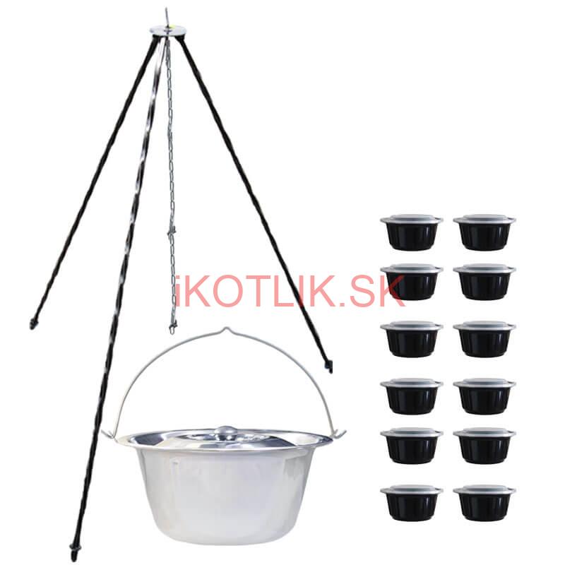 Nerezový kotlík 8 L (0,8 mm) + antikorová pokrievka + stojan + misky 12 ks