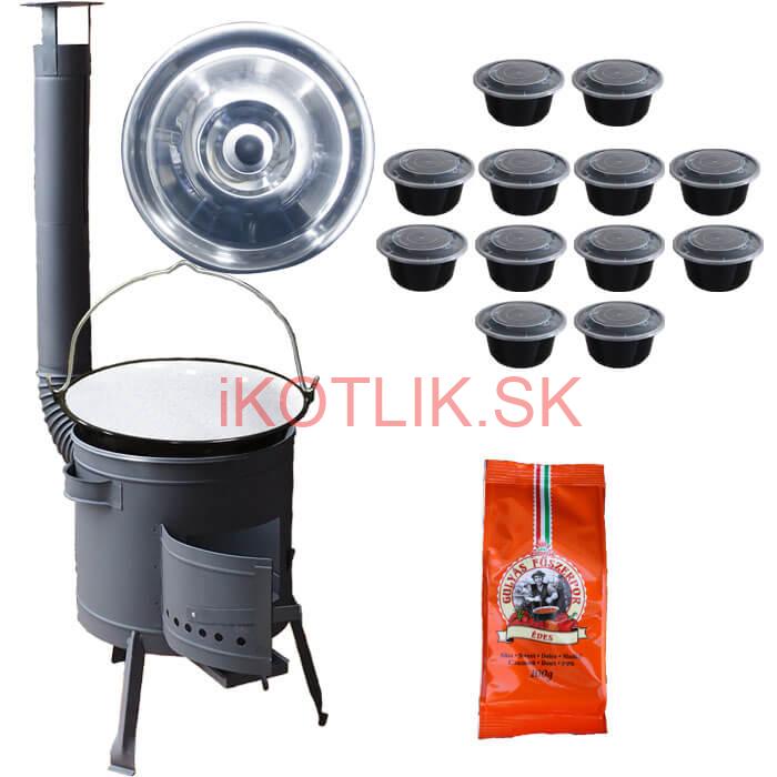 Smaltovaný kotlík 25 L (1,2 mm) + pokrievka + misky 12 ks + nízka žiaruvzdorná kotlina (0,8 mm) 42 PLUS 600