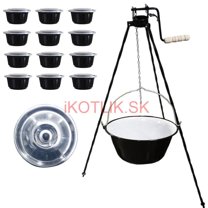 Smaltovaný kotlík 25 L + stojan s kladkou VAR + misky 12 ks