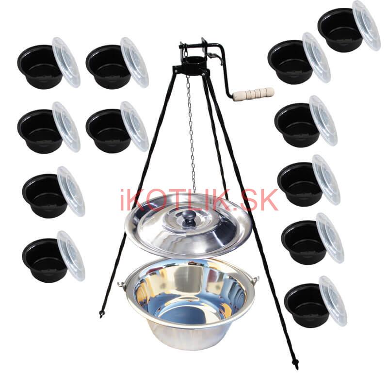 Nerezový kotlík 14 L (0,8 mm) INOX+ stojan s kladkou VAR + misky 12 ks