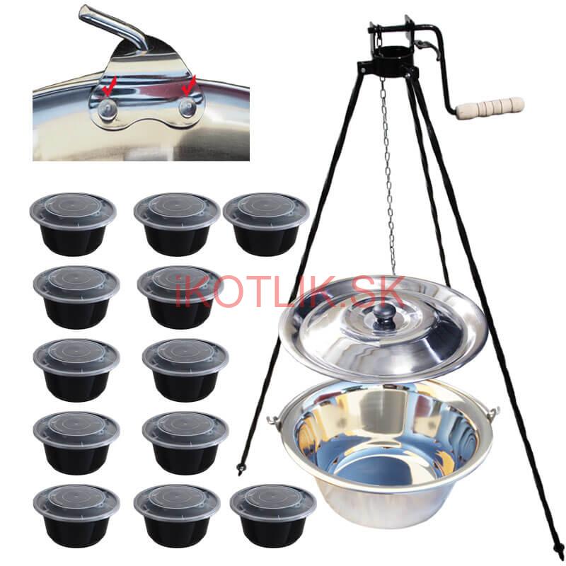 Antikorový kotlík 15 L (0,8 mm) s nitmi + stojan s kladkou VAR + misky 12 ks