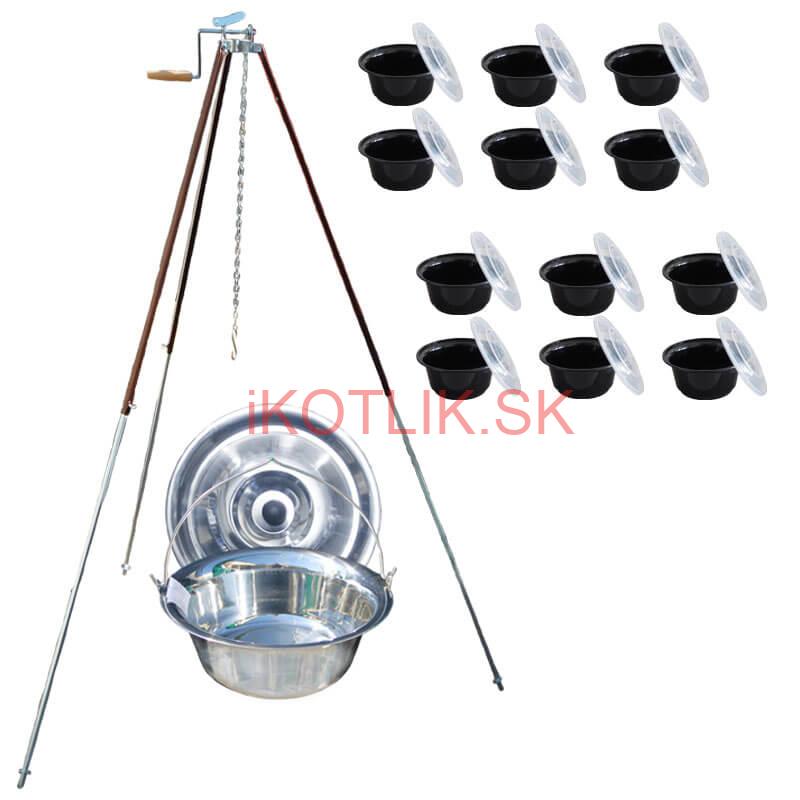 Antikorový kotlík 20 L (1,2 mm) + teleskopická trojnožka s poistnou kladkou + misky 12 ks