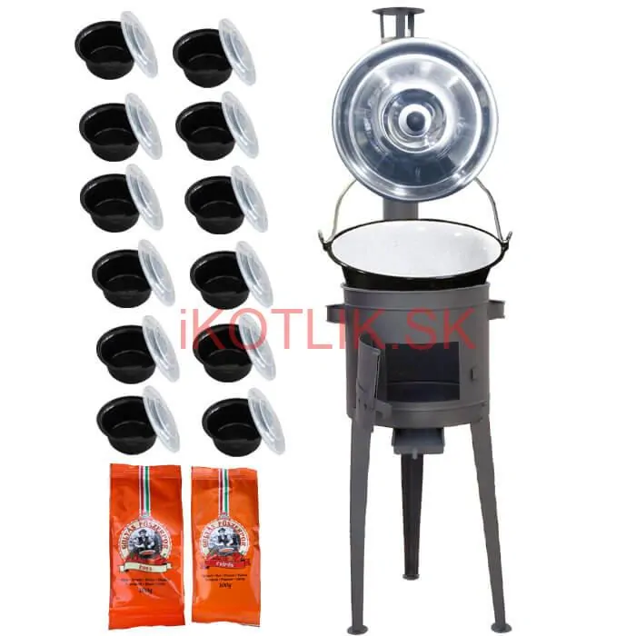 Smaltovaný kotlík 22 L (1,2 mm) + vysoká žiaruvzdorná kotlina (1,5 mm) HODO 42 cm PLUS 600 + misky 12 ks + 2 x korenie na guláš 100 g