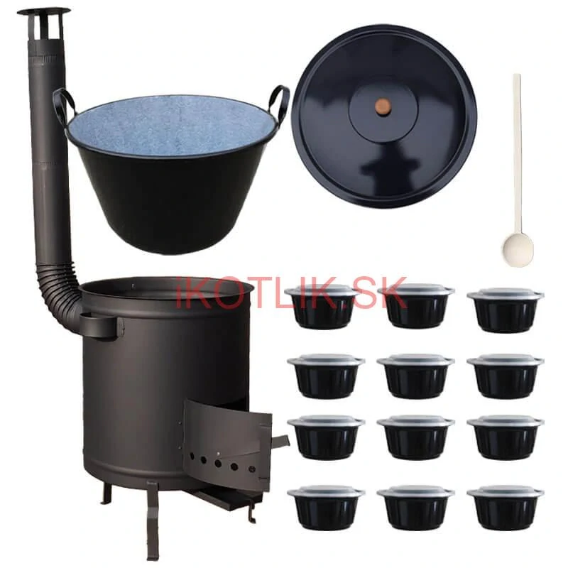 Smaltovaný kotol 70 L + hrubostenná kotlina 53 cm (2 mm) STRONG PLUS 600 + misky 12 ks