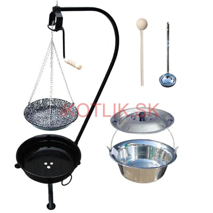 Nerezový kotlík 10 L (1,2 mm) INOX + smaltovaná panvica + ohnisko so stojanom a s poistnou kladkou VAR