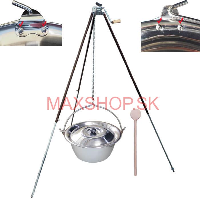 Antikorový kotlík 15 L (0,8 mm) s nitmi + teleskopická trojnožka s poistnou kladkou + pokrievka