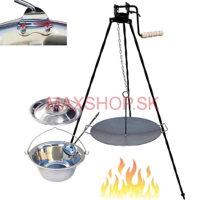 Antikorový kotlík 20 L (0,8 mm) s nitmi + panvica na grilovanie a stojan s kladkou VAR