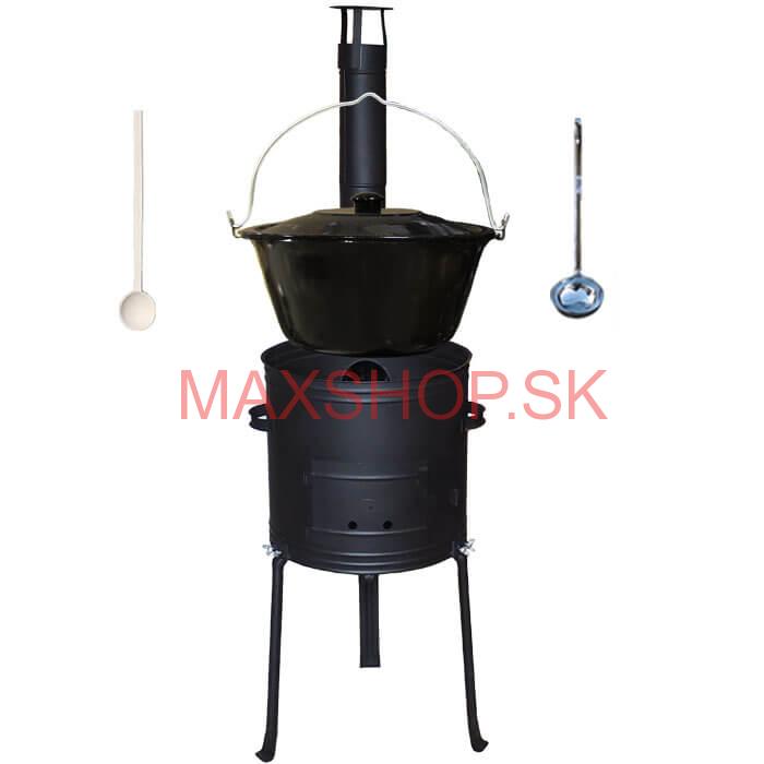 Smaltovaný kotlík 30 L + kovová kotlina s vysokými nožičkami 42 cm, žiaruvzdorná farba Plus 700 + vareška a naberačka