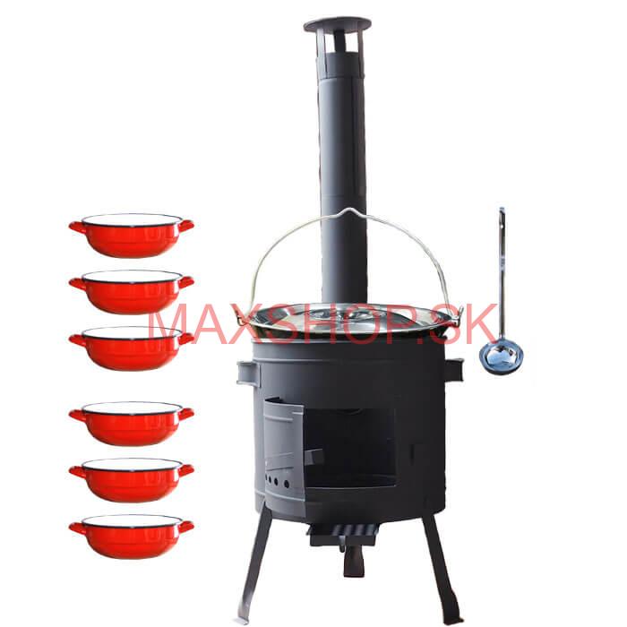 Smaltovaný kotlík 20 L + selské misky 6 ks + nízka žiaruvzdorná kotlina 42 cm PLUS 600