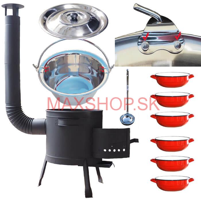 Nerezový kotlík 15 L (0,8 mm) s nitmi INOX + selské misky 6 ks + nízka žiaruvzdorná kotlina 36 cm PLUS 600