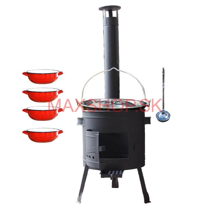 Smaltovaný kotlík 30 L + selské misky 4 ks + nízka žiaruvzdorná kotlina 45 cm PLUS 600