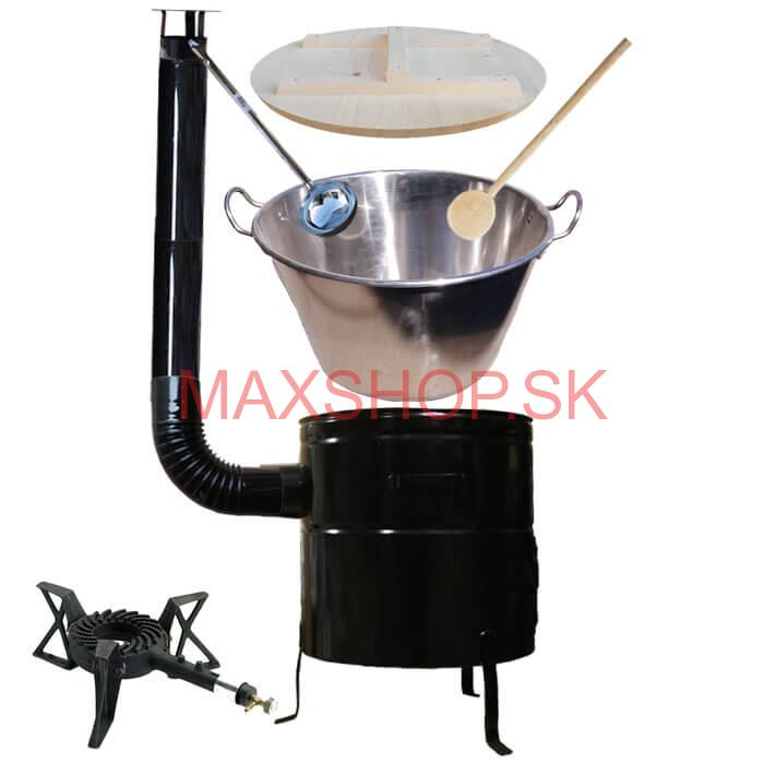 Zabíjačkový nerezový kotol 100 L, kovová kotlina 60 cm, drevená pokrievka, horák 7 kW + dymovod