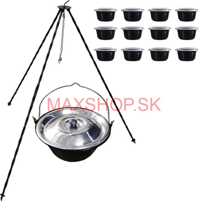 Smaltovaný kotlík 16 L + pokrievka + stojan + misky 12 ks