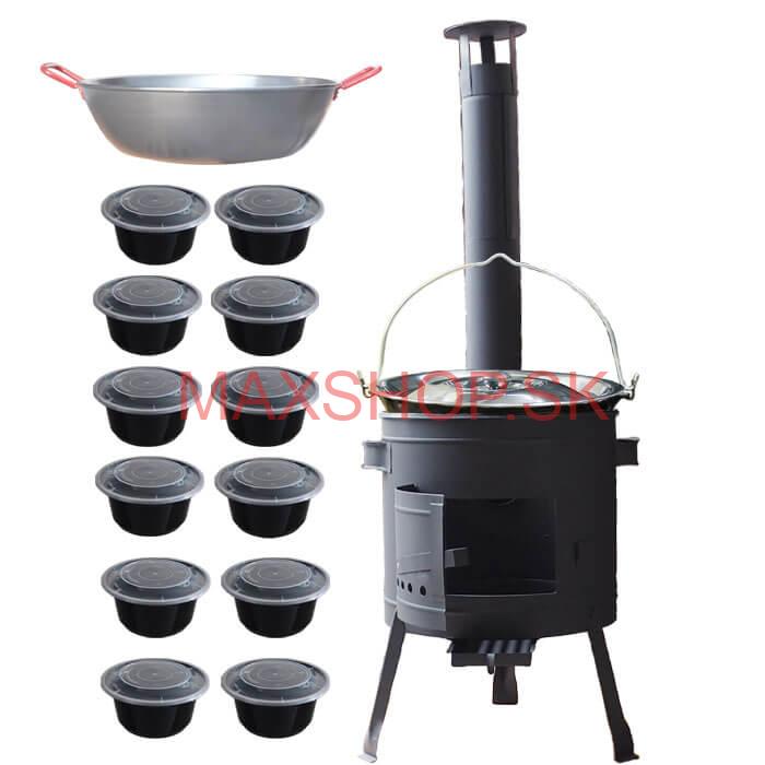 Smaltovaný kotlík 22 L + Panvica PAELLA (WOK) 45 cm + misky 12 ks + nízka kotlina 42 PLUS 600