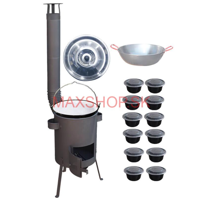 Smaltovaný kotlík 22 L + Panvica PAELLA (WOK) 45 cm + misky 12 ks + žiaruvzdorná kotlina 42 PLUS 600 s roštom na popol 4 mm