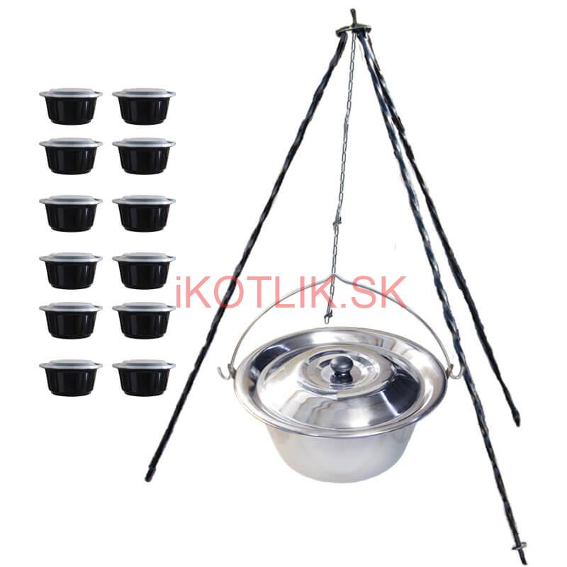 Nerezový kotlík 8 L (0,8 mm) + antikorová pokrievka + stojan + misky 12 ks
