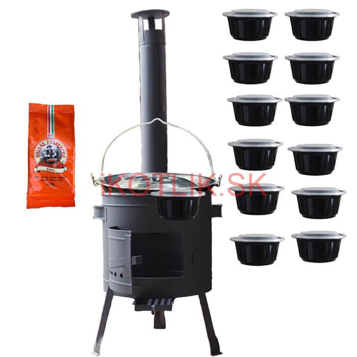 Smaltovaný kotlík 25 L (1,2 mm) + pokrievka + misky 12 ks + nízka žiaruvzdorná kotlina (0,8 mm) 42 PLUS 600