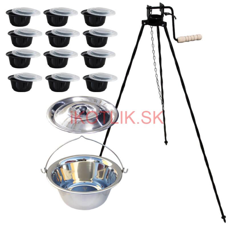 Antikorový kotlík 22 L + stojan s kladkou VAR + misky 12 ks