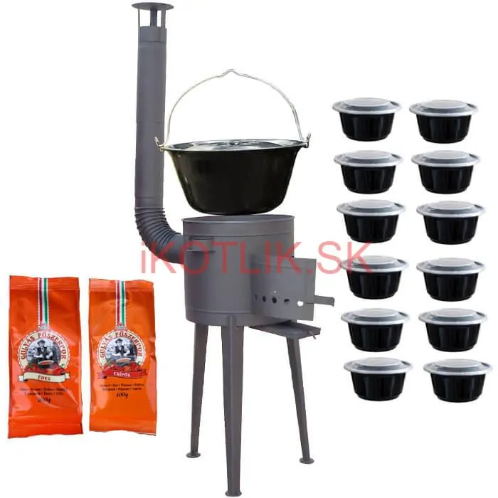 Smaltovaný kotlík 22 L (1,2 mm) + vysoká žiaruvzdorná kotlina (1,5 mm) HODO 42 cm PLUS 600 + misky 12 ks + 2 x korenie na guláš 100 g